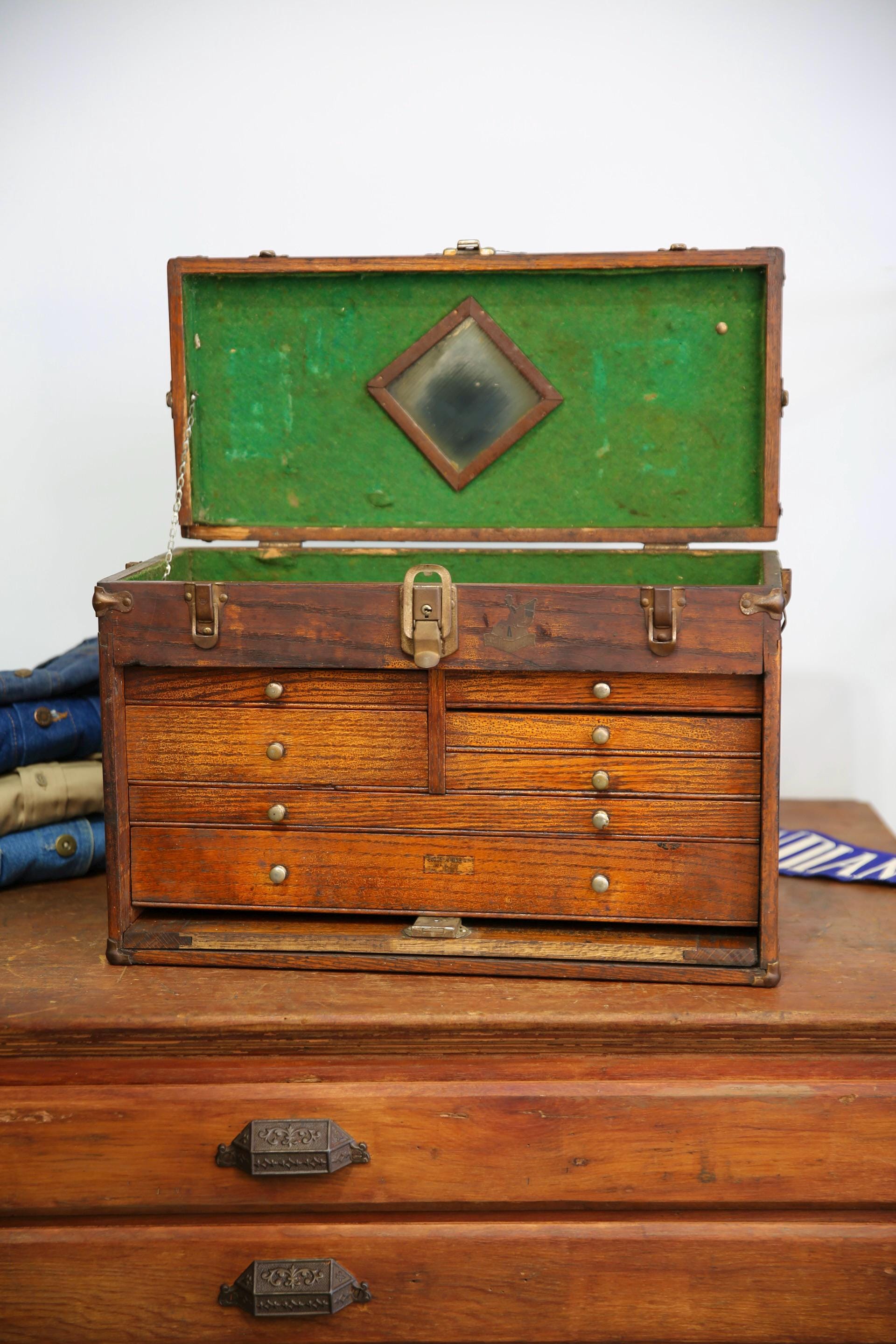 Antique Machinist Tool Box Wood Oak Chest Jewelry Box 7 Drawer
