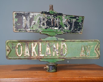 Antique Oakland Ave Cross Street Sign Cast Iron Mount vintage Double Sided