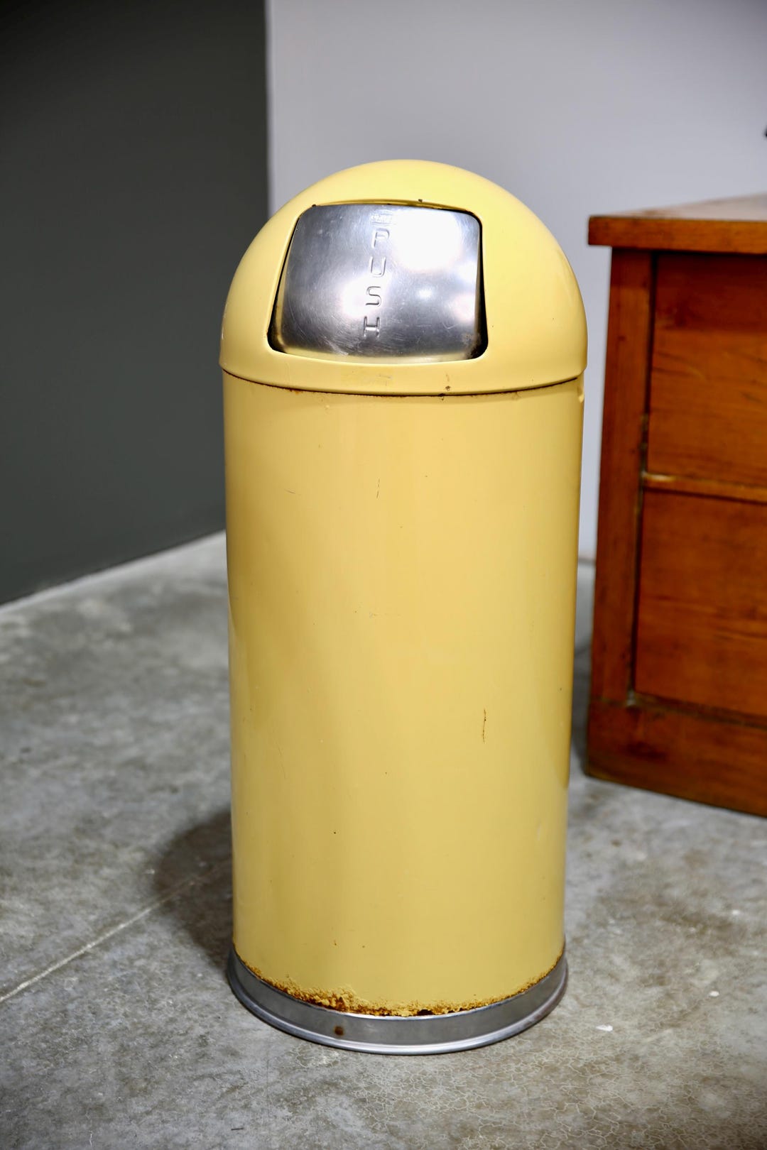 Vintage Yellow Torpedo Industrial Trash Garbage Can 1950s Push Lid