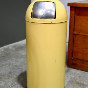 Vintage Yellow Torpedo Industrial Trash Garbage Can 1950s Push Lid waste basket