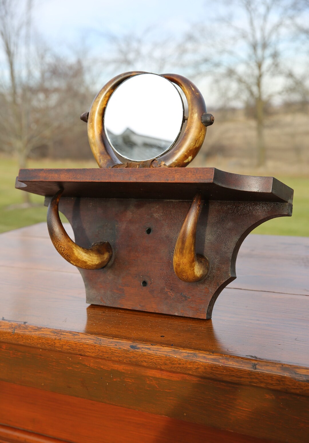 Early Antique Shaving Mirror Cow Horn Vanity Coat Rack Hat Rack Wood ...