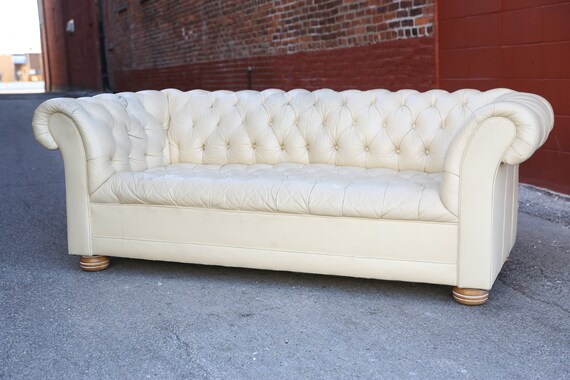 Chesterfield Leather Sofa White Couch Vintage Wood Feet Cabin Chesterfield Leather Sofa White Couch, Cabin Leather Sofa