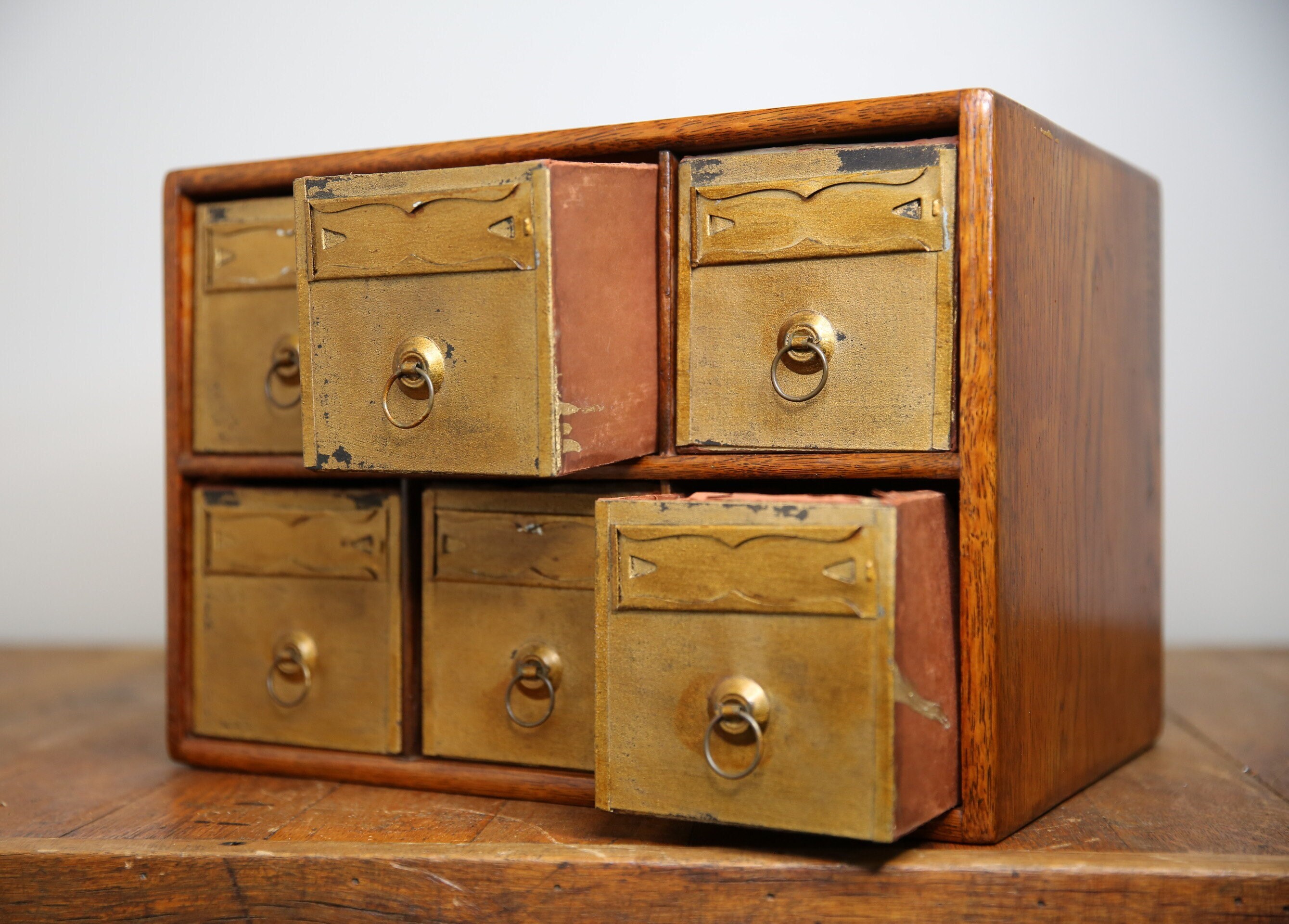 Antique Oak Card Catalog Wood Apothecary 6 Drawer Organizer Box