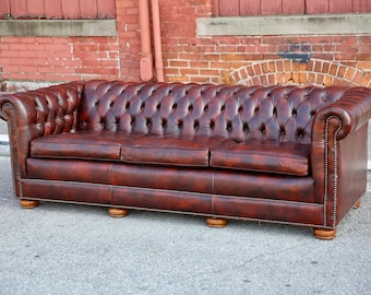 Vintage leather Chesterfield Sofa in Brown Carolina Leather House Inc Top grain leather office living room furniture wood bun feet loft