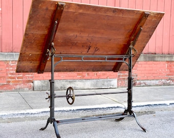 Antique Drafting Table Cast Iron industrial Easel Hand Crank H. Cole Columbus Ohio