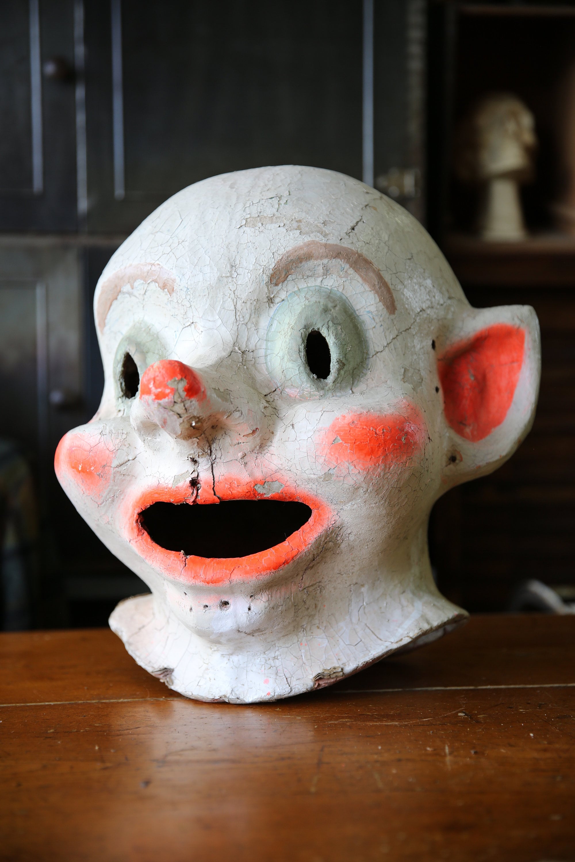 prompthunt: paper mache mask, 1 8 0 0's, halloween paper mache mask, photo,  surrealistic, creepy, dark, epic, cinematic, style of atget, detailed