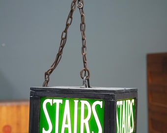 Vintage Stairs Lighted Sign Reverse Painted Glass Green Exit Light Stairway