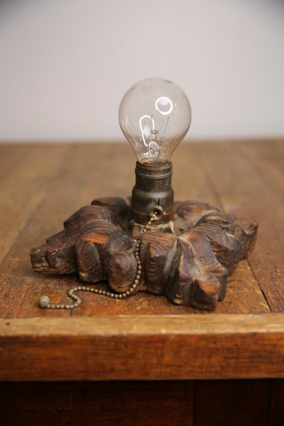 Vintage Carved Wood Base Industrial light Lamp brass socket tabletop desk lamp