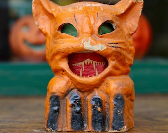 Antique Paper Mache Orange Cat on Fence Halloween Lantern Bucket Vintage old