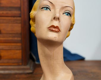 Vintage Mannequin Head Bust Hat Store Display Stand Antique Art Deco