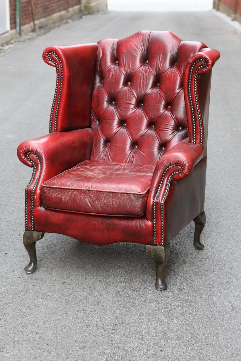 Vintage Worn Leather Oxblood Wingback Chair Red Chesterfield Etsy