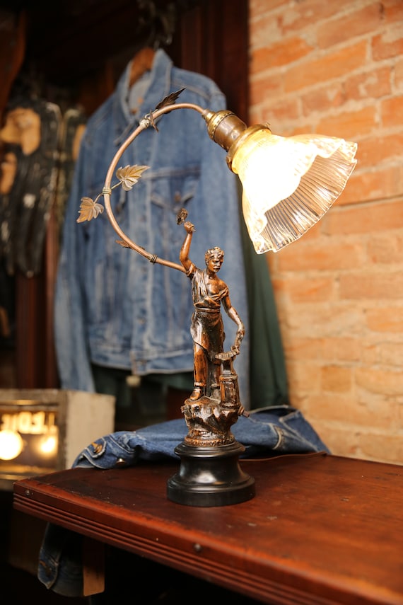 Antique Blacksmith Anvil Lamp Art Nouveau Holophane Shade Hammer