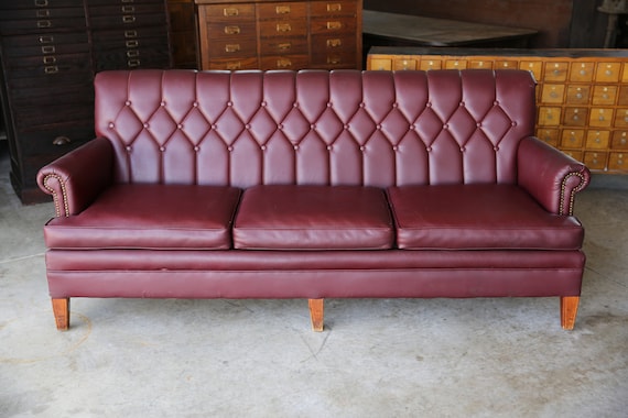 Vintage Leather Sofa Couch Mid Century Burgundy Scales Furniture