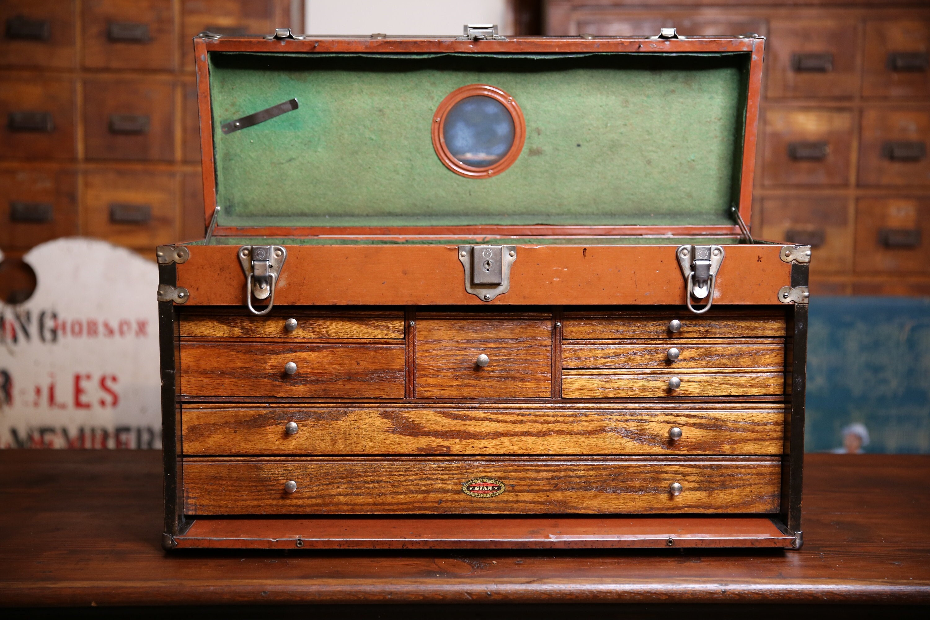 Vintage STAR Oak Machinist Tool Chest Box 8 Drawer Metal wood organizer  RARE Antique jewelry box lock no key crafts artist case with mirror