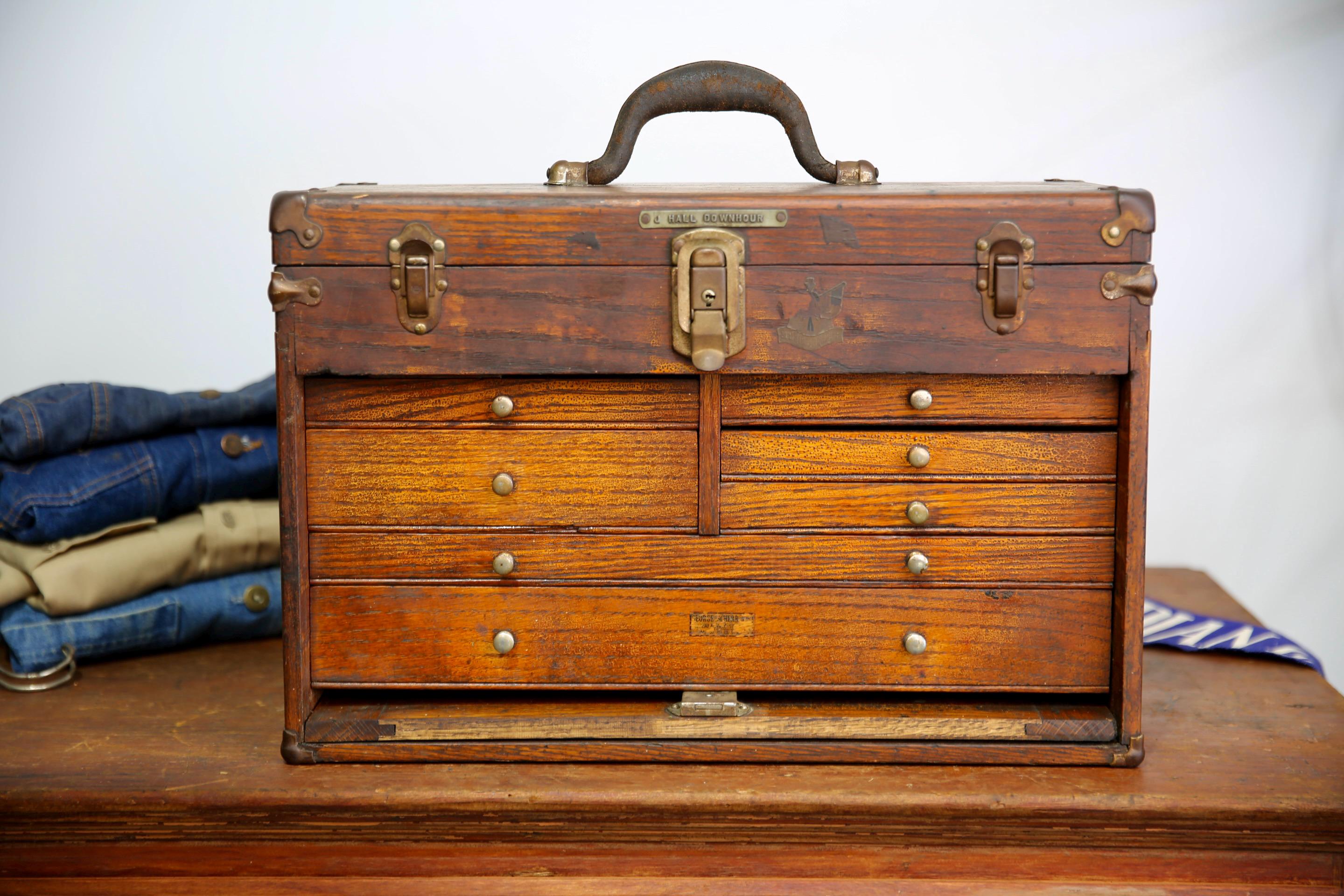 Antique Machinist Tool Box Wood Oak Chest Jewelry Box 7 Drawer