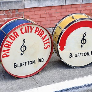 2 Vintage Bass Kick wood drums Leedy Ludwig antique instrument band marching drum American Legion Parlor City Pirates Musician Studio Room