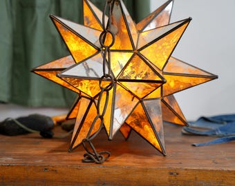 Lámpara de techo antigua con forma de estrella navideña, colgante con pantalla de cristal, araña vintage