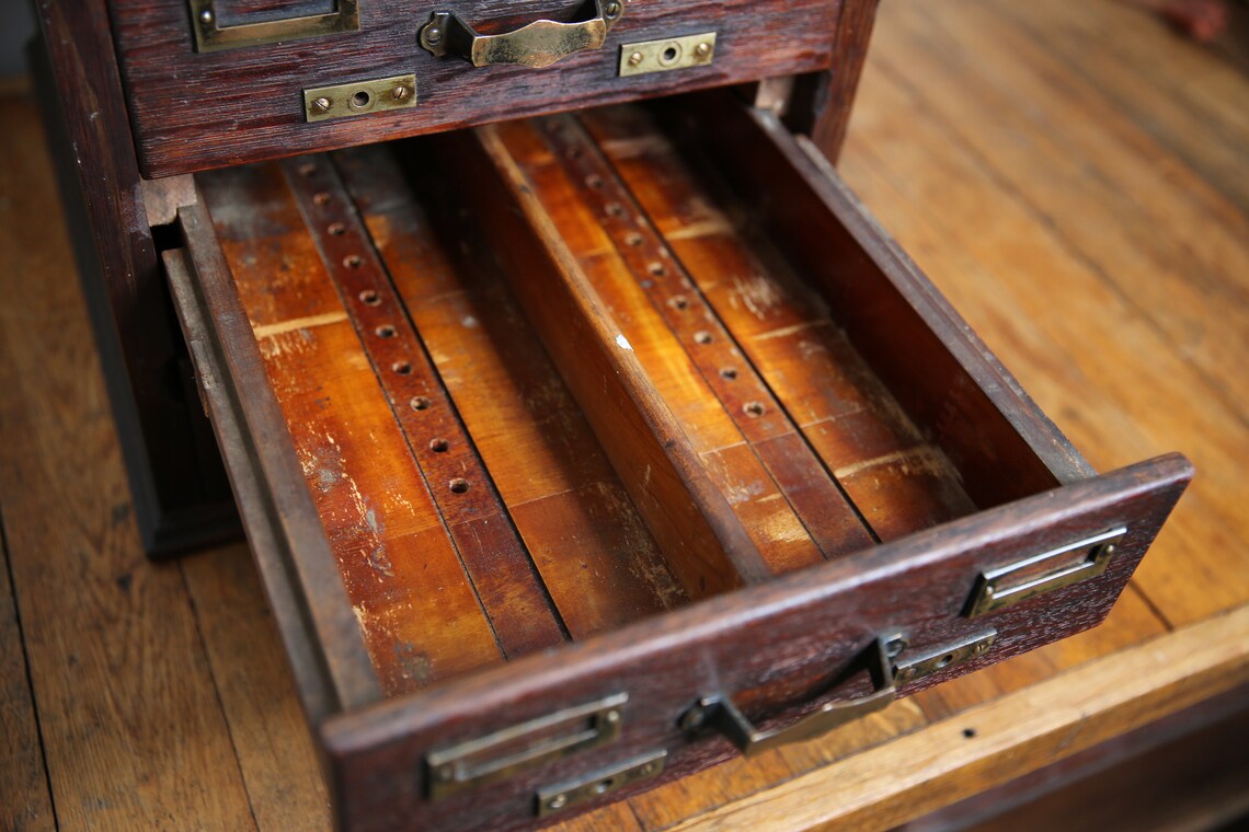 Antique Library Card Catalog Wood Oak 4 Drawer File Box Brass Etsy