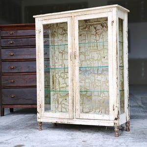 Antique Medical Cabinet Wood Glass Display Case Vintage apothecary Chippy white case