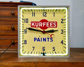 Vintage Neon clock Kurfees Paints Sign Advertising Antique Art Deco yellow