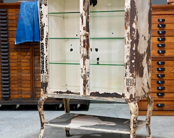 Antique Medical Cabinet Apothecary Industrial Metal glass Display Case Vintage