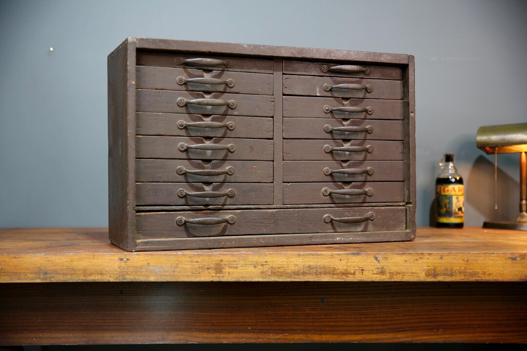 Antique 15 Drawer Wood Apothecary Cabinet Vintage Tool Box Typeset ...