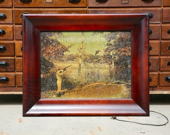 Vintage marco de madera pato caza rifle foto iluminado signo país helms retrato pared marco lodge cabina decoración lámpara maderas claras paisaje