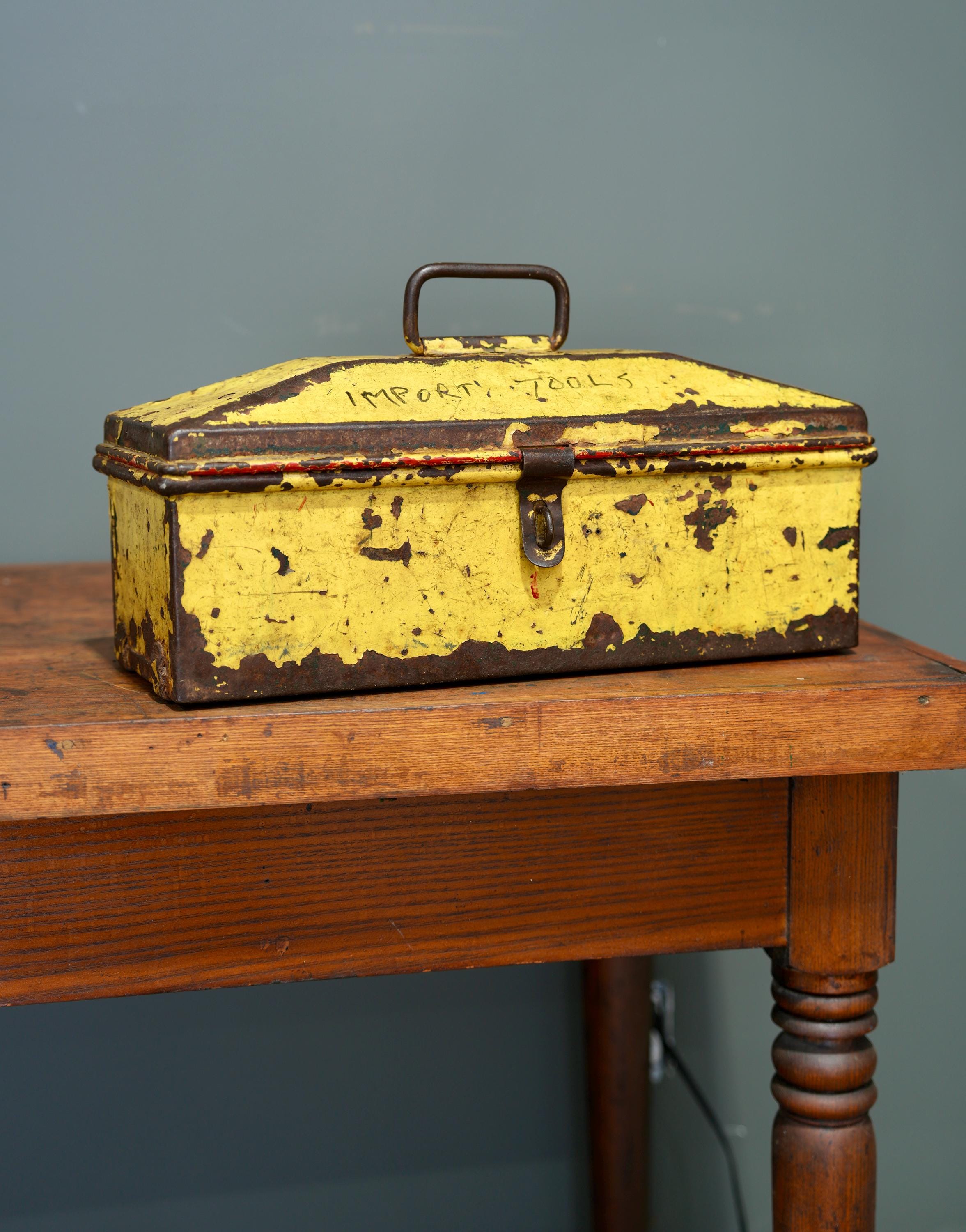 Antique Vintage Coffin Metal Tool Box Machinist Chest Industrial