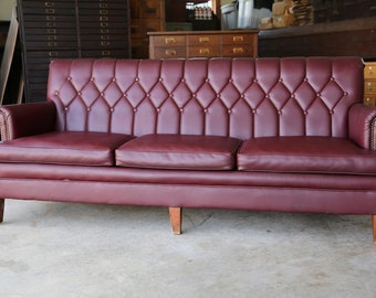 Vintage Leather Sofa Couch mid century Burgundy Scales Furniture Co USA nailhead trim wood feet office studio bar loft living room decor