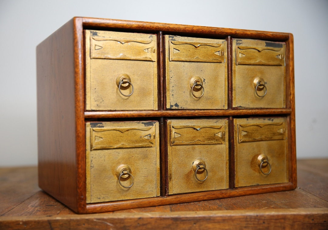 Antique Oak Card Catalog Wood Apothecary 6 Drawer Organizer Box
