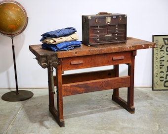 Antique Woodworking Workbench Kitchen Island Counter Table Vise tool Vintage industrial tabletop desk