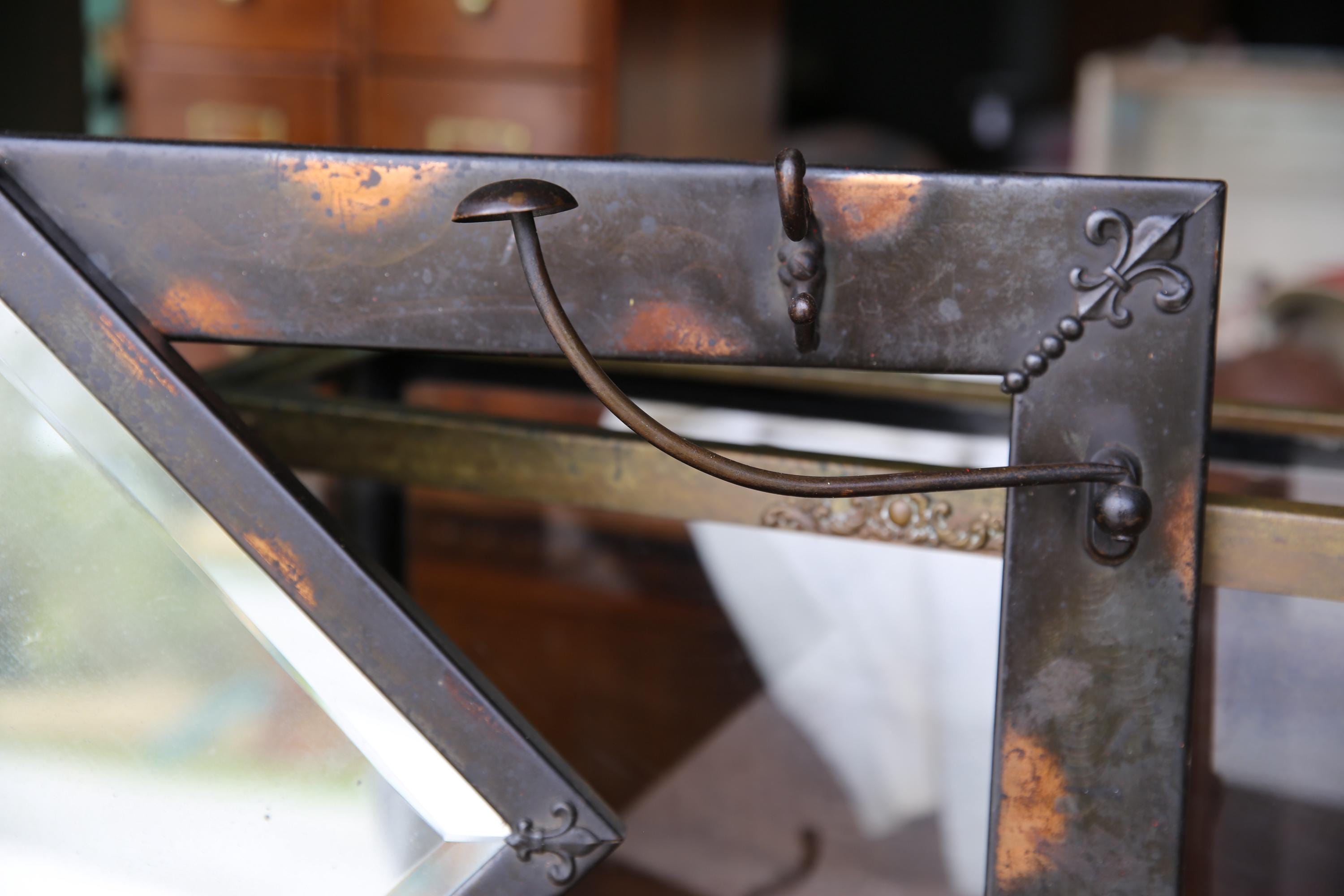 Antique Japanned Finish Hat Coat Rack Beveled Glass Mirror