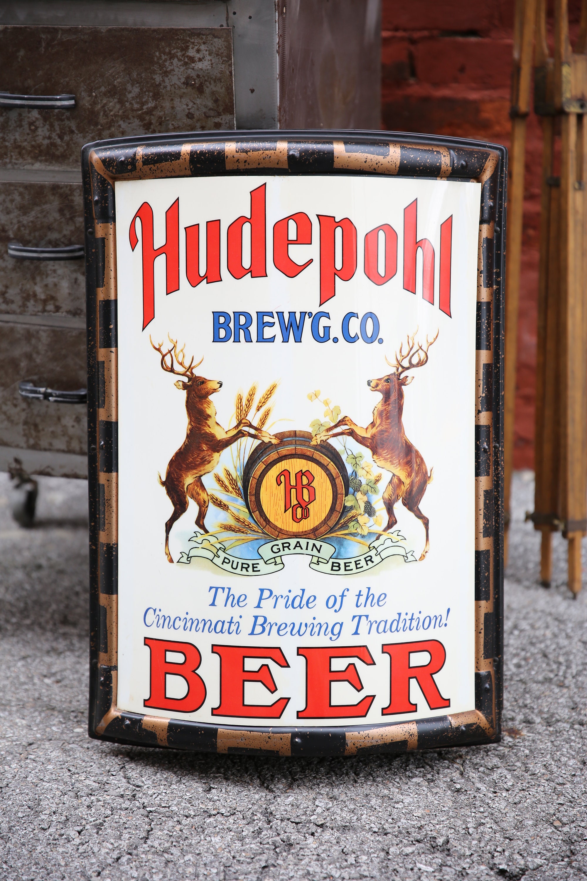 Vintage HUDEPOHL Beer Advertising Sign Cincinnati Brewery Stag