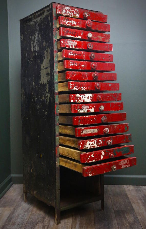 Antique Red 15 Wood Drawer Hardware Store Cabinet Apothecary Etsy