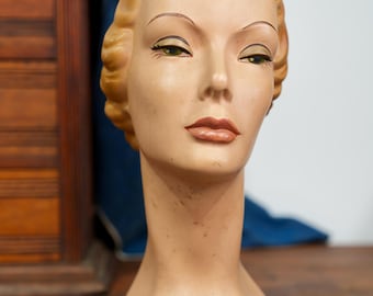 Vintage Female Mannequin Head Bust Hat Store Display Stand Antique Art Deco