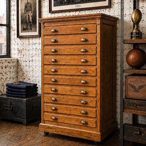 May include: A tall, wooden cabinet with numerous drawers, featuring brass-toned handles. The cabinet is a warm, medium brown color and sits on small wheels. The image also includes framed vintage sports memorabilia and a dark metal trunk.