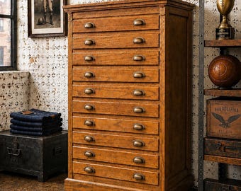 Antique Apothecary Cabinet flat File Industrial Wood drawer Oak Architect VTG