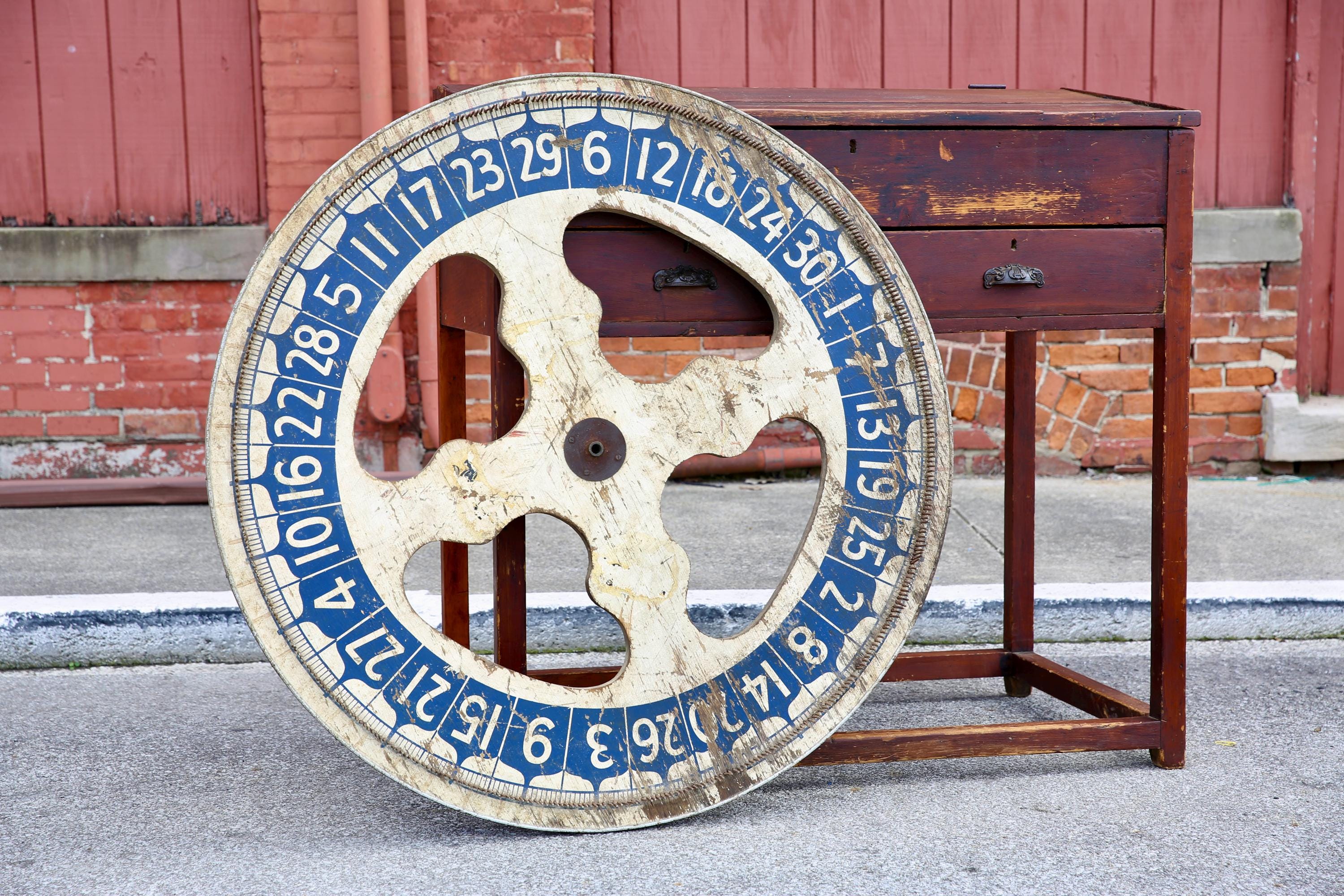 Antique wood Gambling Wheel Carnival Amusement Park Oddity 48" folk art wall decor Horse Race old western vintage hand painted art game