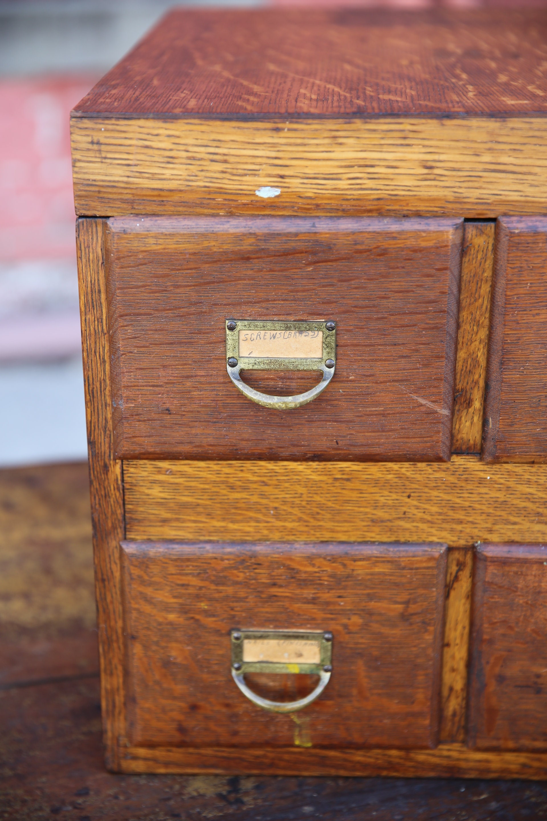 Antique Card Catalog Tiger Oak 4 Drawer Apothecary File Brass
