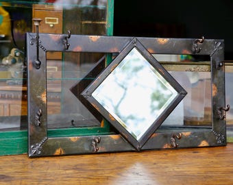 Antique Japanned Finish Hat Coat Rack Beveled Glass Mirror Industrial hook Vintage