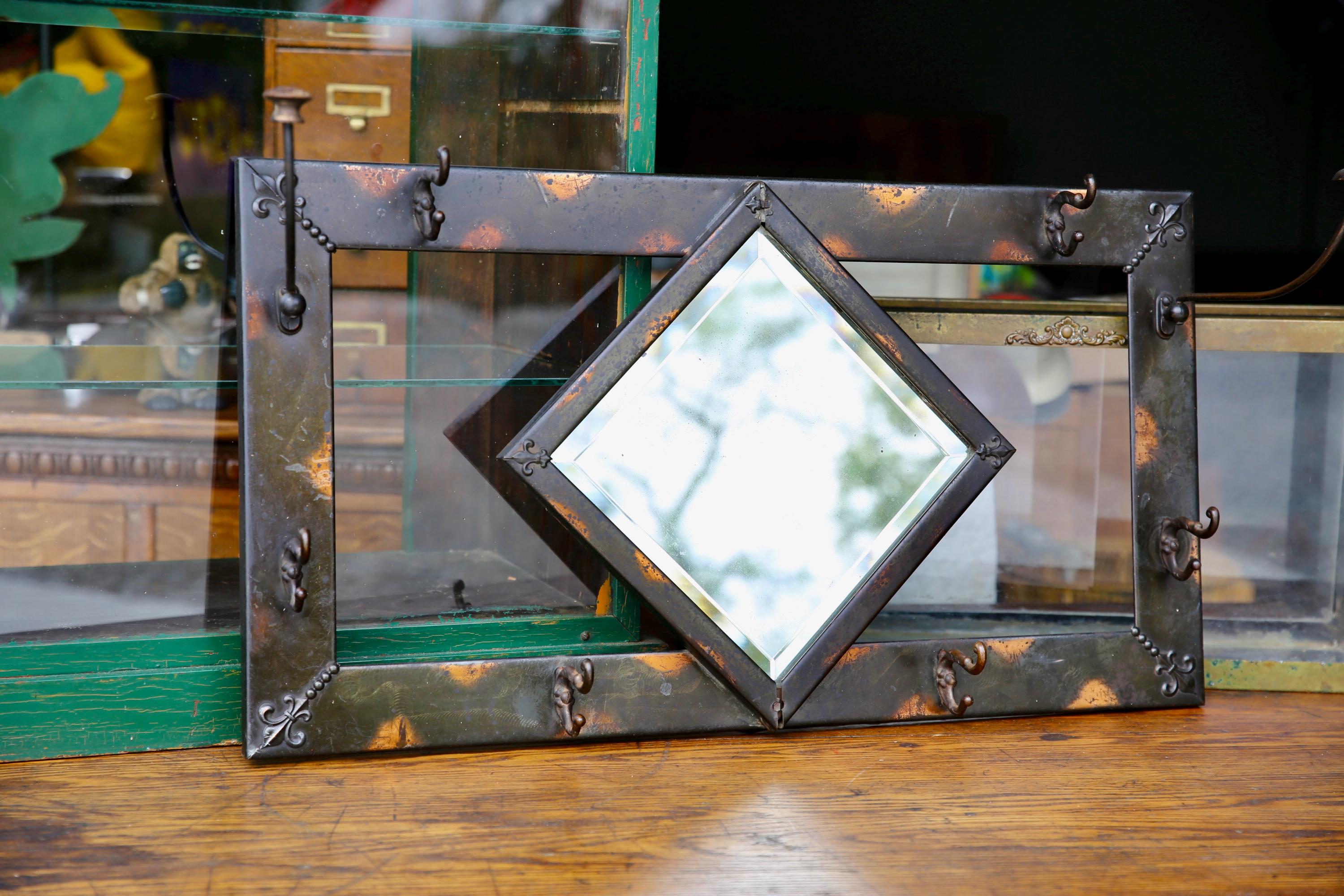 Antique Japanned Finish Hat Coat Rack Beveled Glass Mirror
