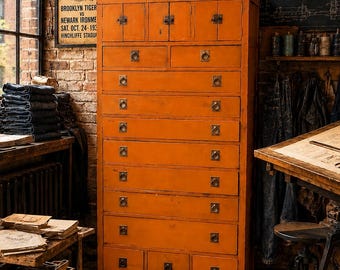Antique Apothecary Cabinet flat File Industrial Wood drawer Brass Pull Hardware vintage