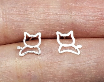 Sterling Silver Kitty Cat Earrings Hollow Cutout Animal Stud Earrings