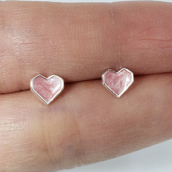 Sterling Silver Pink Heart Earrings Marbled Stone Pretty Rose Gold Minimal Pink Stone Heart Stud Earrings