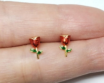 Rose Flower Earrings Sterling Silver Gold Floral Flowers Stud Earrings Red Green Rose Earrings