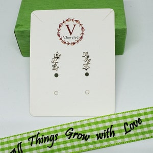 May include: A pair of silver star earrings on a white card with the text "VJeweled" in a circle with a floral design. The card is on top of a green box and a green and white gingham ribbon with the text "All Things Grow with Love".