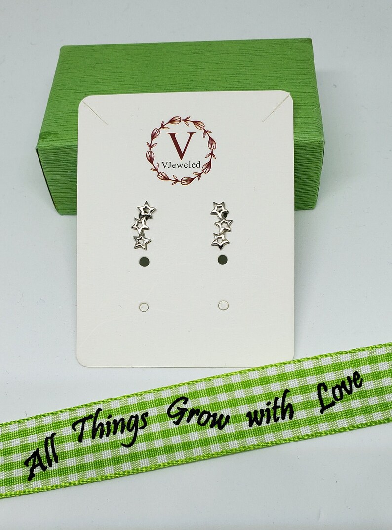 May include: A pair of silver star earrings on a white card with the text "VJeweled" in a circle with a floral design. The card is on top of a green box and a green and white gingham ribbon with the text "All Things Grow with Love".