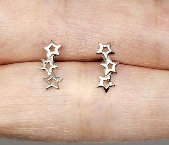 Triple Star Earrings Sterling Silver | Dainty Minimal Cute Ear Crawler Sister Birthday Gift Teenager Daughter Cousin Wife Present Girlfriend