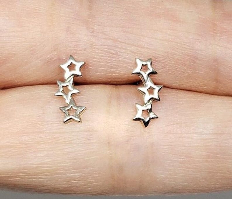 Triple Star Earrings Sterling Silver | Dainty Minimal Cute Ear Crawler Sister Birthday Gift Teenager Daughter Cousin Wife Present Girlfriend image 1