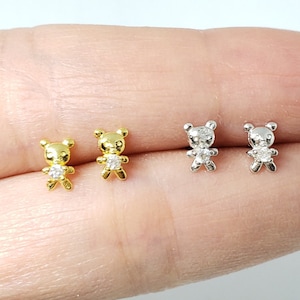 Sterling Silver Teddy Bear Earrings Cute Silver Bear Rhinestone Belly Stud Earrings